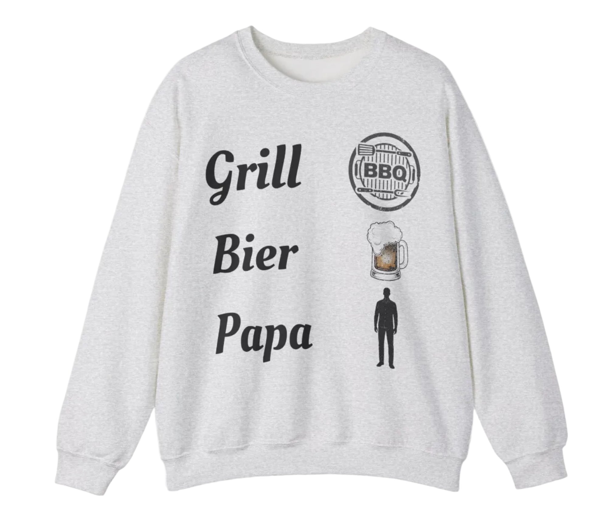Weißes und aschefarbenes Unisex-Sweatshirt mit dem Aufdruck „Grill. Bier. Papa.“ sowie Symbolen für BBQ, Bierkrug und Papa – humorvolles Design für Grillfans.