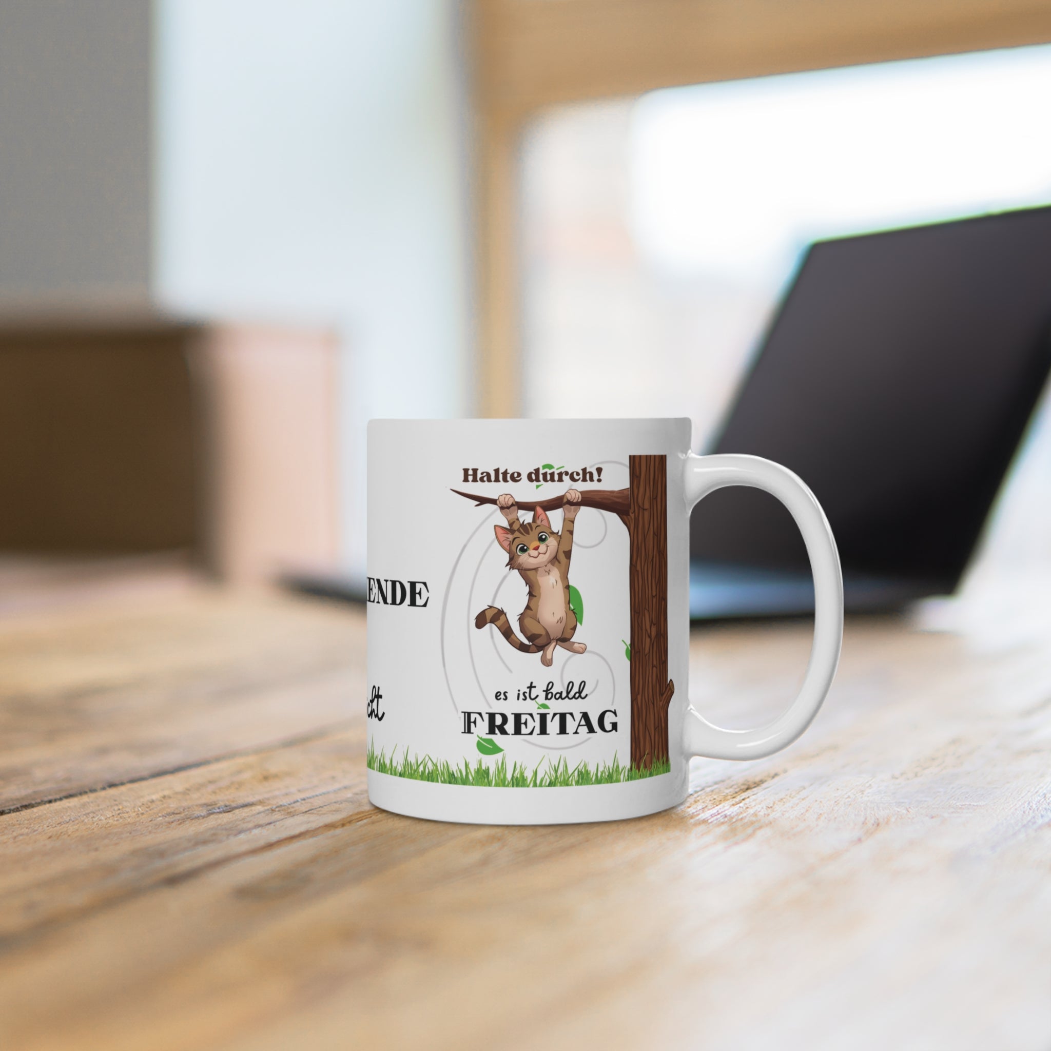 Halte durch, es ist bald Freitag – 330 ml Keramiktasse mit Katze | Lustige Bürotasse | Geschenk für Katzenfans