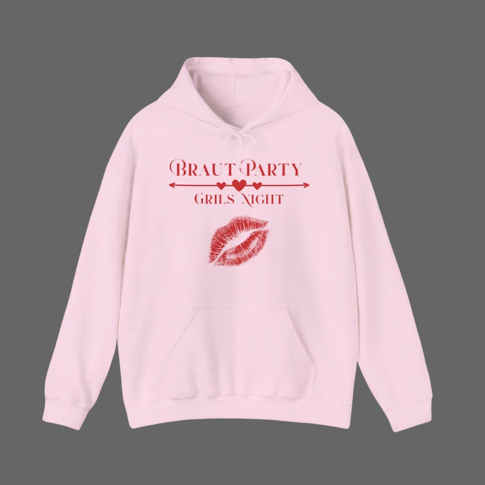 Weißer Unisex-Hoodie mit dem Schriftzug „Braut Party – Girls Night“, Herzpfeil und rotem Kussmund – perfekt für den Junggesellinnenabschied und Team Braut.