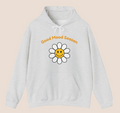 Weißer Unisex-Hoodie mit gelbem Smiley-Blumenmotiv und dem Schriftzug „Good Mood Season“ auf der Vorderseite.