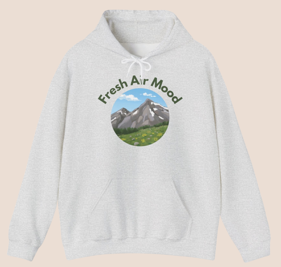 Weißer oder aschgrauer Unisex Hoodie mit dem Schriftzug „Fresh Air Mood“ und Berglandschaft-Motiv für Wanderer, Naturliebhaber und Outdoor-Fans.