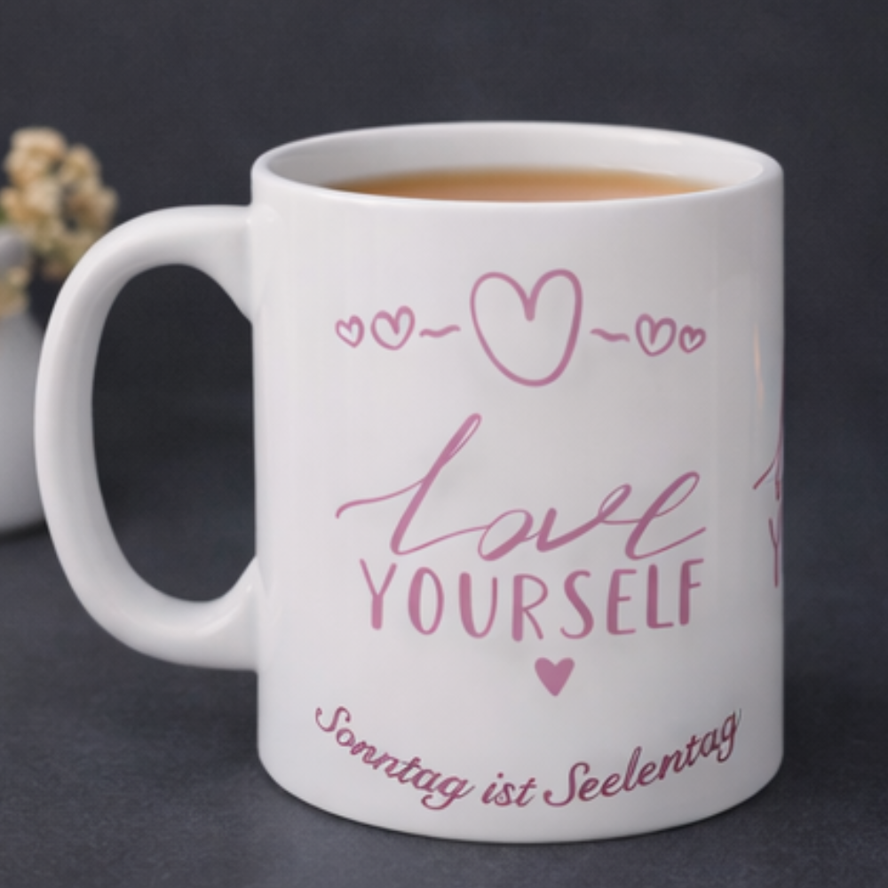 Weiße Keramiktasse mit rosa Schriftzug „Love Yourself“ sowie dem Spruch „Sonntag ist Seelentag“ und kleinen Herzmotiven – 300-ml-Tasse für Kaffee- und Teeliebhaber.