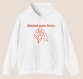 Weißer Unisex-Hoodie mit dem Spruch „Allergisch gegen Montag“ und humorvollem Blumenmotiv mit fliegenden Pollen auf der Vorderseite.