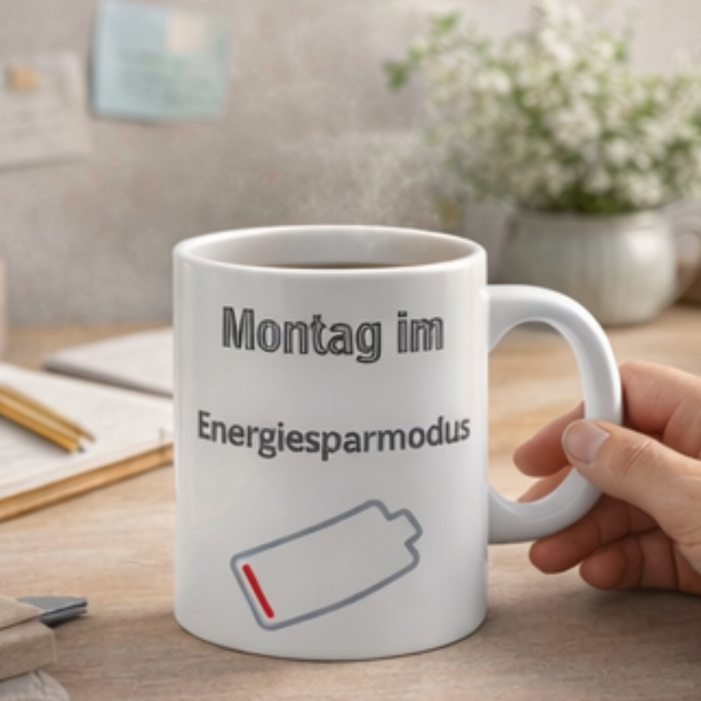 Weiße 300-ml-Keramiktasse mit dem Spruch „Montag im Energiesparmodus“ und einem fast leeren Batteriesymbol – lustige Bürotasse für den Wochenstart.