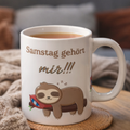 Weiße 300-ml-Keramiktasse mit schlafendem Faultier auf einem Ast und dem Spruch „Samstag gehört mir!!!“ – lustige Tasse für entspannte Wochenenden.
