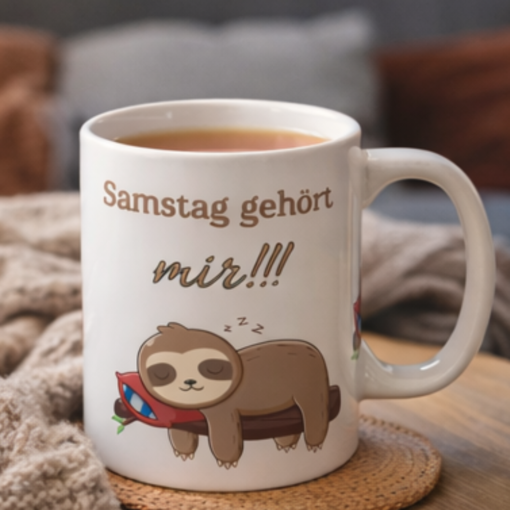 Weiße 300-ml-Keramiktasse mit schlafendem Faultier auf einem Ast und dem Spruch „Samstag gehört mir!!!“ – lustige Tasse für entspannte Wochenenden.