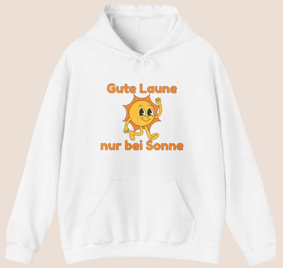 Weißer oder aschgrauer Unisex Hoodie mit dem Spruch „Gute Laune nur bei Sonne“ und fröhlichem Sonnenmotiv für Sommerfans und Sonnenliebhaber.