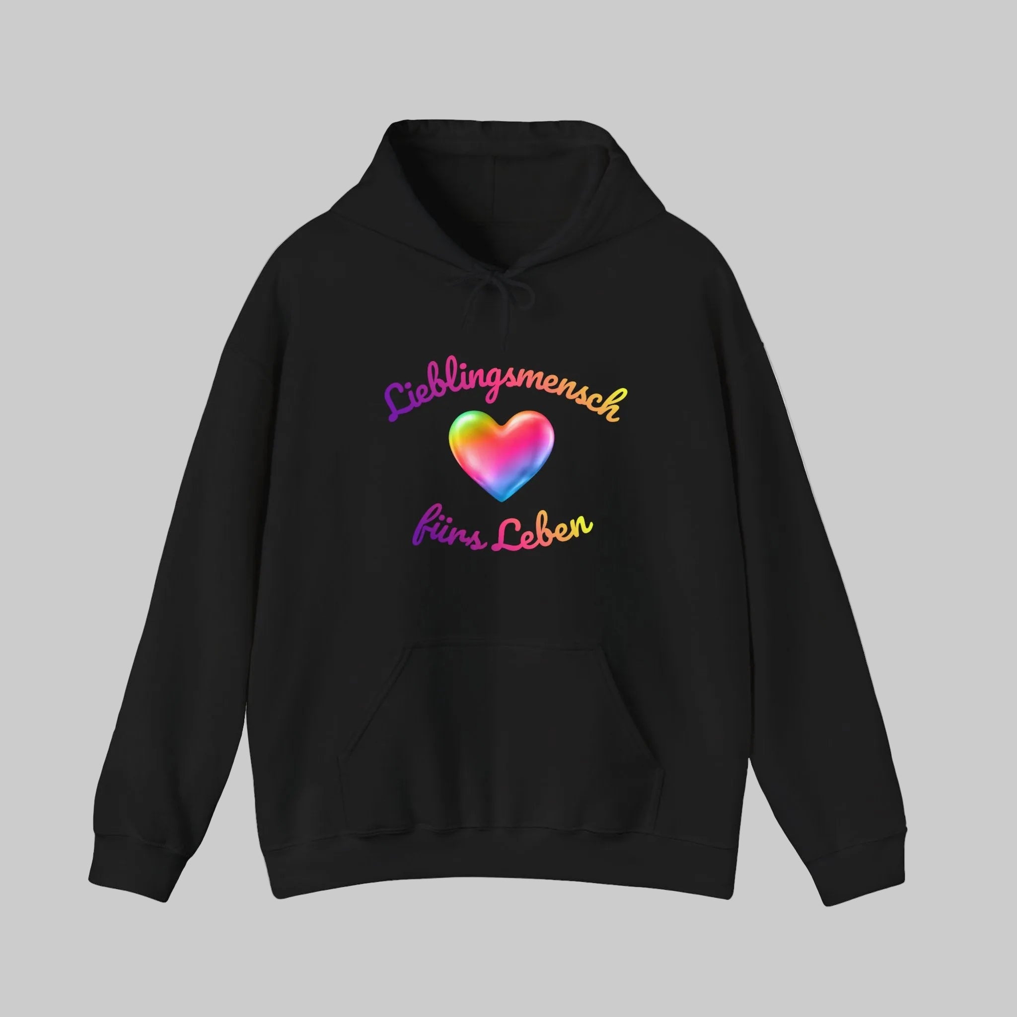 Weißer Unisex Hoodie mit buntem Herz und dem Schriftzug „Lieblingsmensch fürs Leben“ – romantisches Geschenk für Paare und Verliebte.