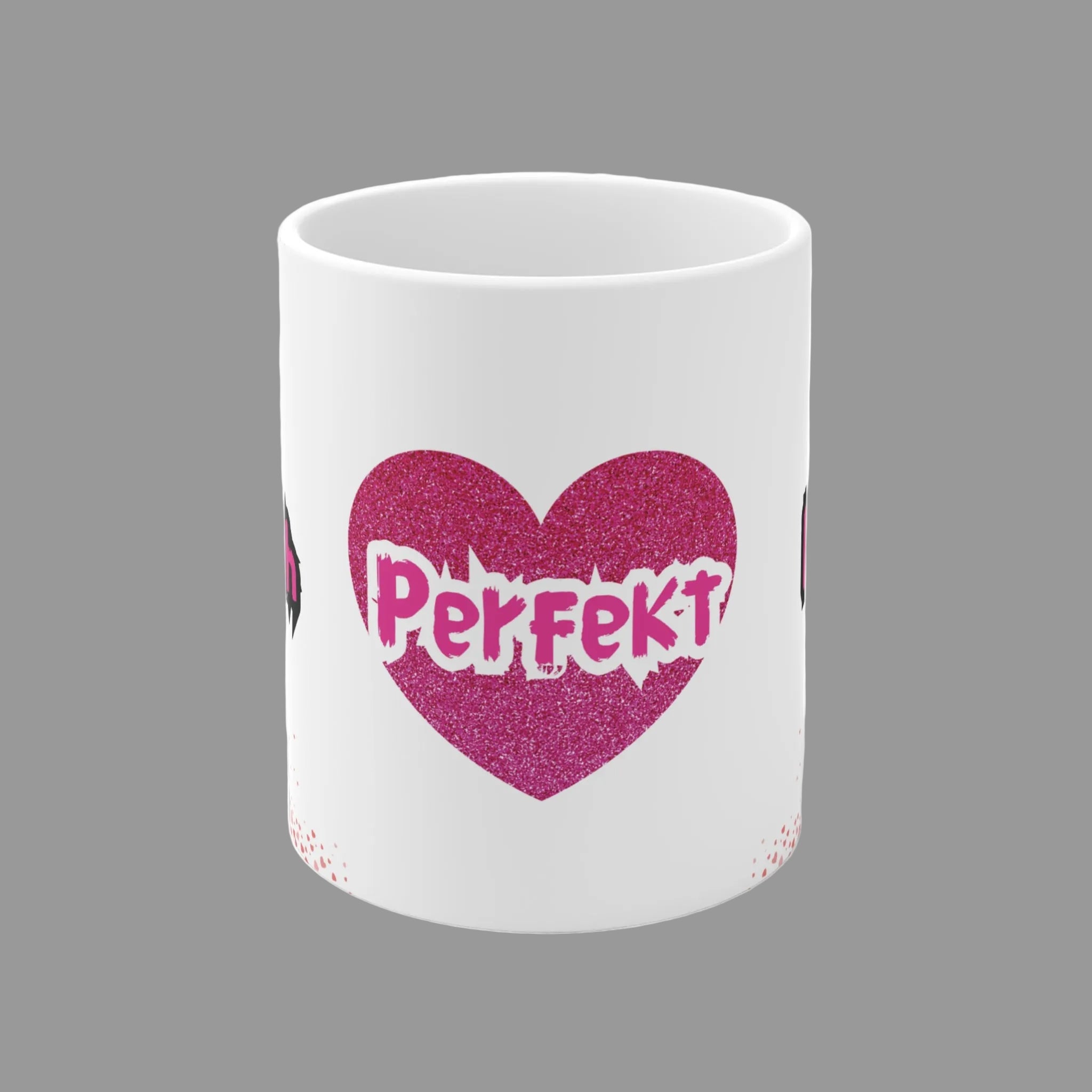 Weiße 330 ml Keramiktasse mit rosa Glitzerherz und den Schriftzügen „Du + Ich“, „Ich + Du“ und „Perfekt“ – romantisches Geschenk für Paare und Verliebte.