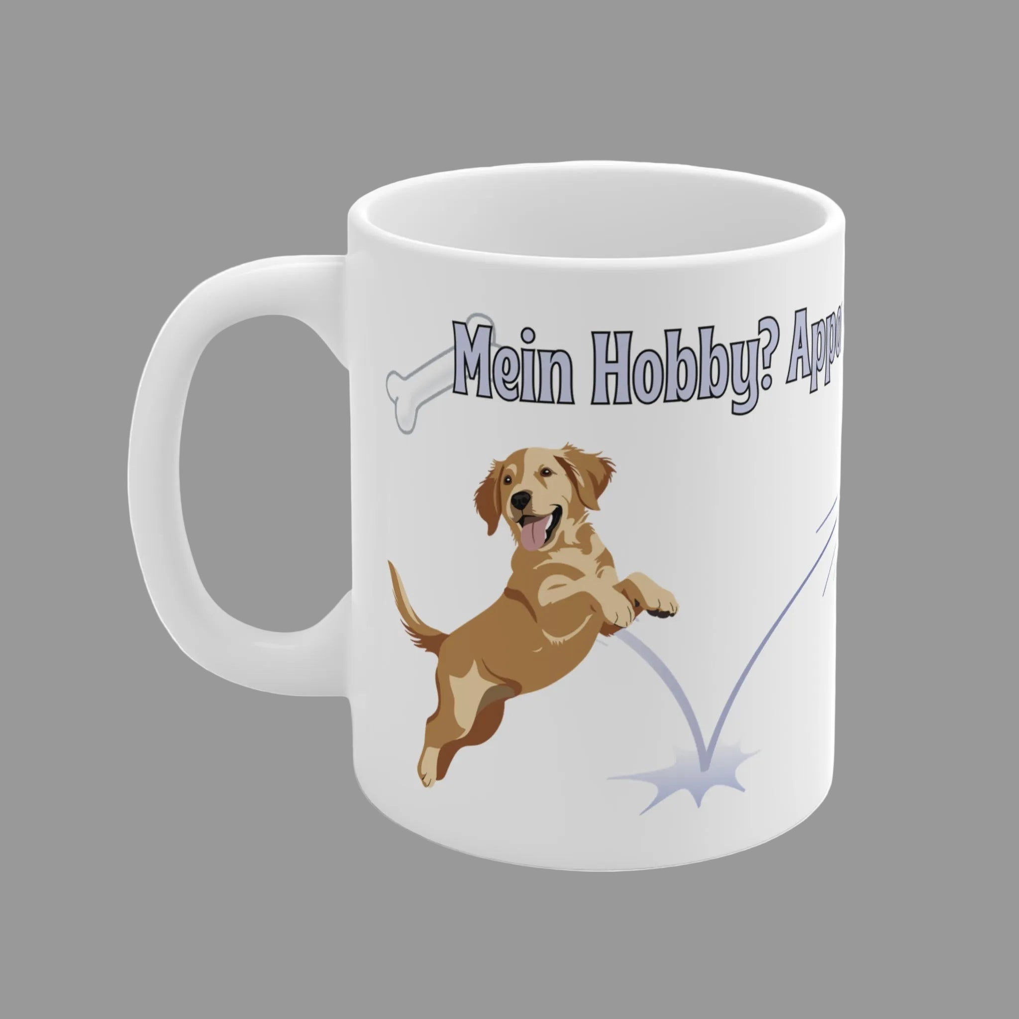 Weiße 330 ml Keramiktasse mit dem Spruch „Mein Hobby? Apportieren & Herzen klauen“, einem niedlichen Hund, Herz- und Pfotenmotiv – Geschenk für Hundeliebhaber.