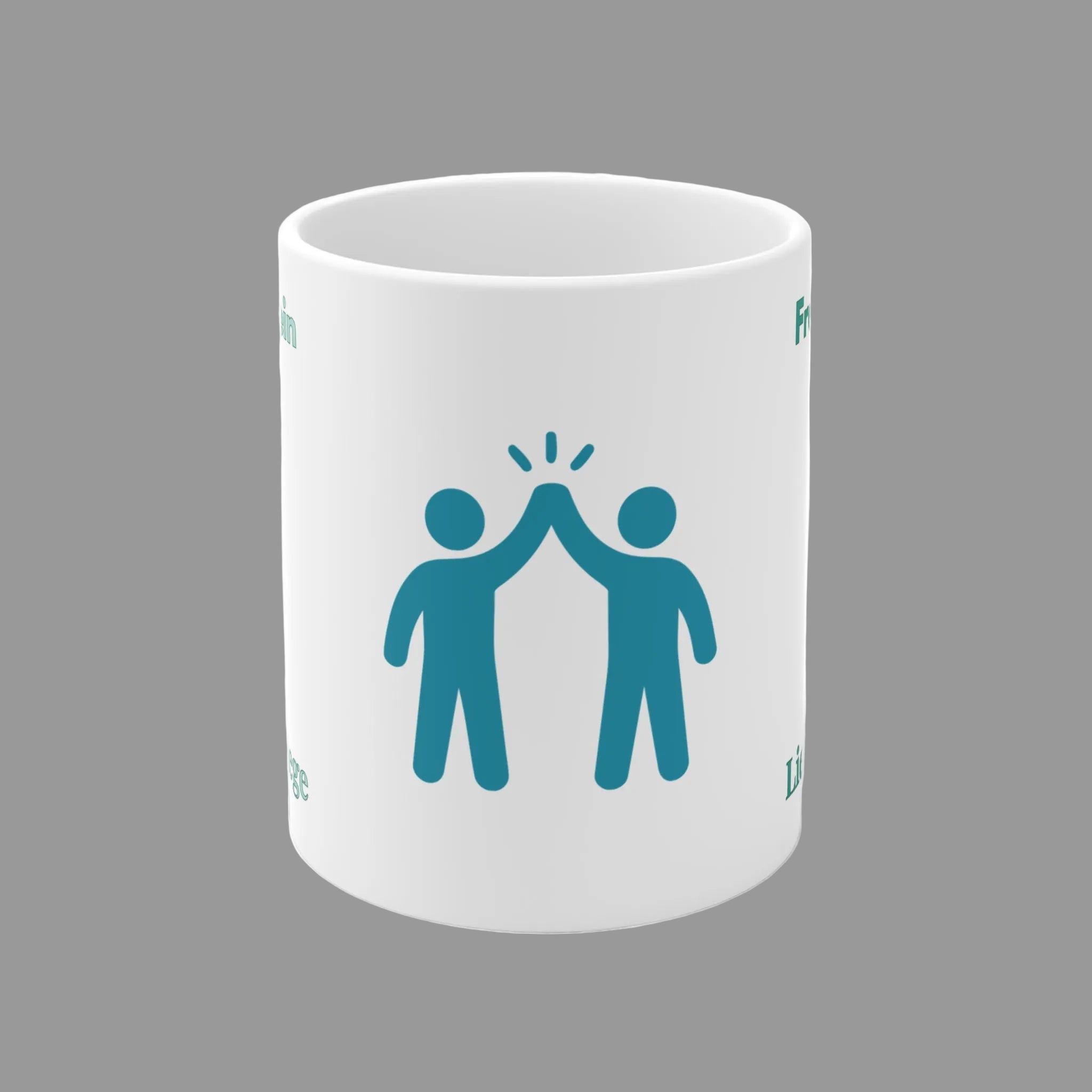 Weiße 300-ml-Keramiktasse mit High-Five-Symbol und dem Spruch „Freitag ist mein Lieblingskollege“ – lustige Bürotasse als Geschenk für Kollegen und Kolleginnen.