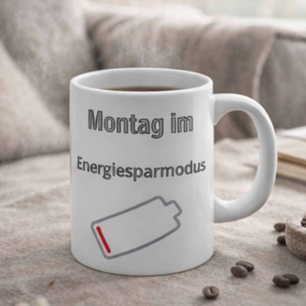 Weiße 300-ml-Keramiktasse mit dem Spruch „Montag im Energiesparmodus“ und einem fast leeren Batteriesymbol – lustige Bürotasse für den Wochenstart.