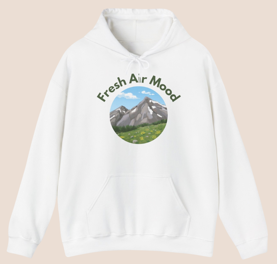 Weißer oder aschgrauer Unisex Hoodie mit dem Schriftzug „Fresh Air Mood“ und Berglandschaft-Motiv für Wanderer, Naturliebhaber und Outdoor-Fans.