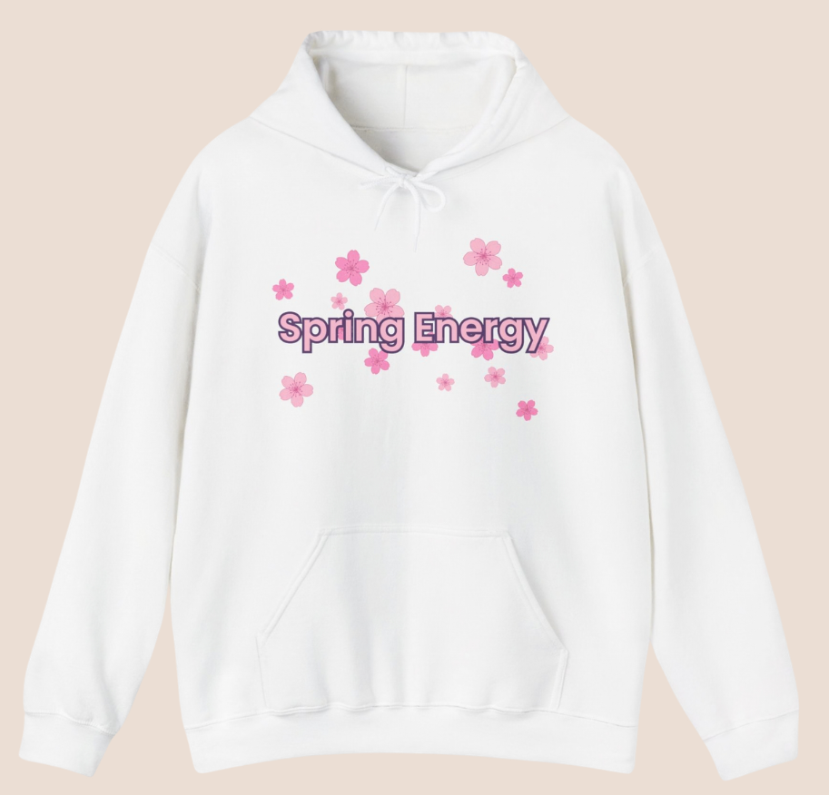 Weißer Unisex-Hoodie mit rosa Blütenmotiv und dem Schriftzug „Spring Energy“ auf der Vorderseite.