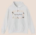 Weißer Unisex-Hoodie mit dem Schriftzug „Spring Bird“, umgeben von kleinen Vögeln und zarten Blütenmotiven in einem Frühlingskranz.