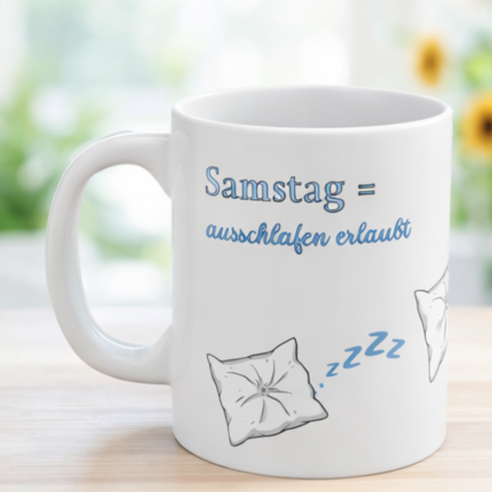 Weiße 300-ml-Keramiktasse mit schlafendem Kissen, blauen "Zzz" und dem Spruch „Samstag = Ausschlafen erlaubt“ – lustige Tasse für Langschläfer und entspannte Wochenenden.