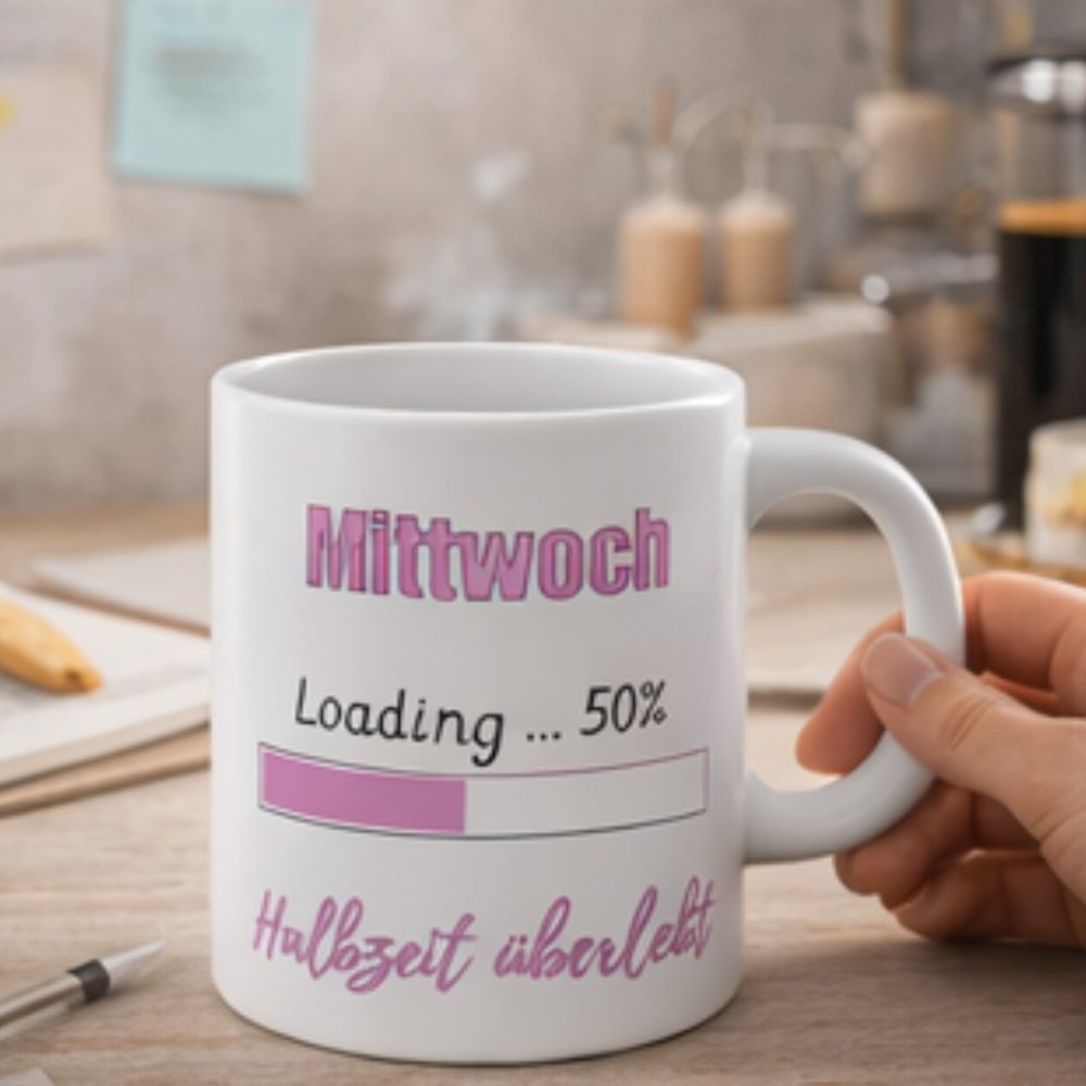 Weiße 300-ml-Keramiktasse mit dem Spruch „Mittwoch – Halbzeit überlebt“ und einem 50-Prozent-Ladebalken – lustige Bürotasse für die Wochenmitte.