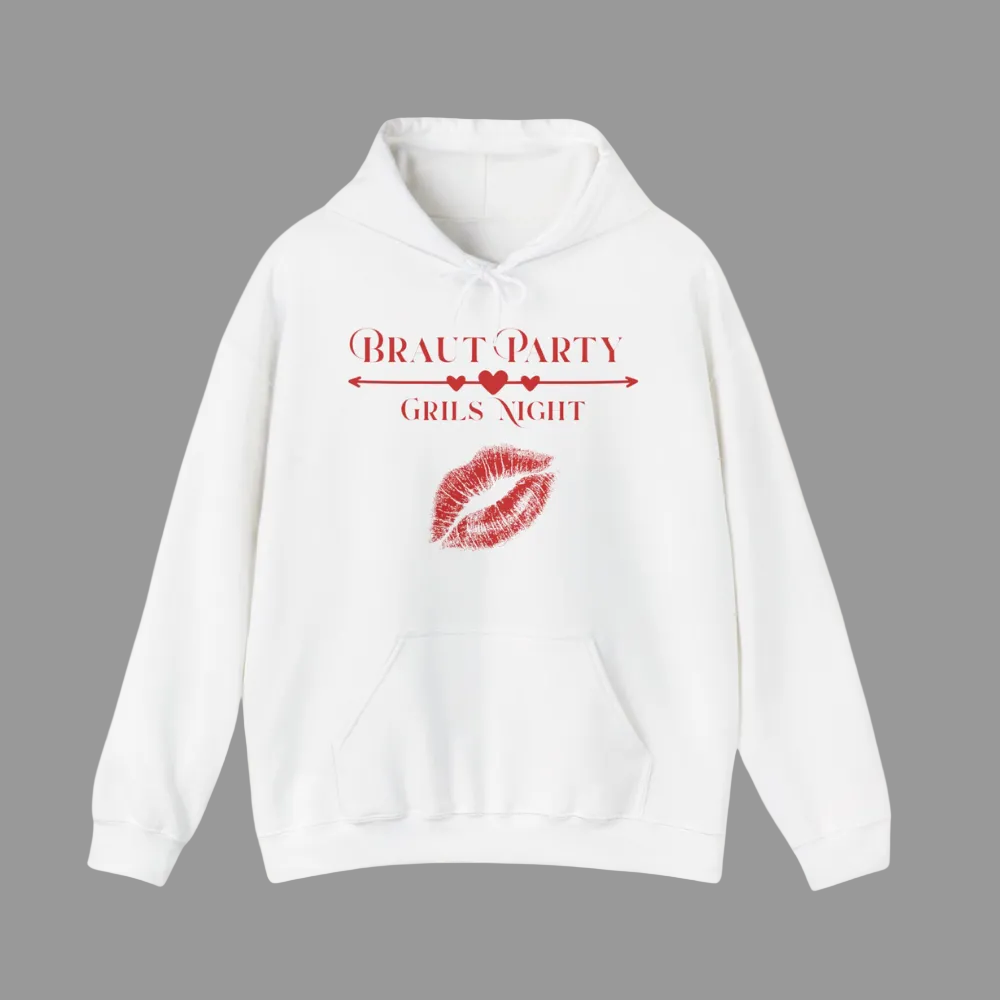 Weißer Unisex-Hoodie mit dem Schriftzug „Braut Party – Girls Night“, Herzpfeil und rotem Kussmund – perfekt für den Junggesellinnenabschied und Team Braut.