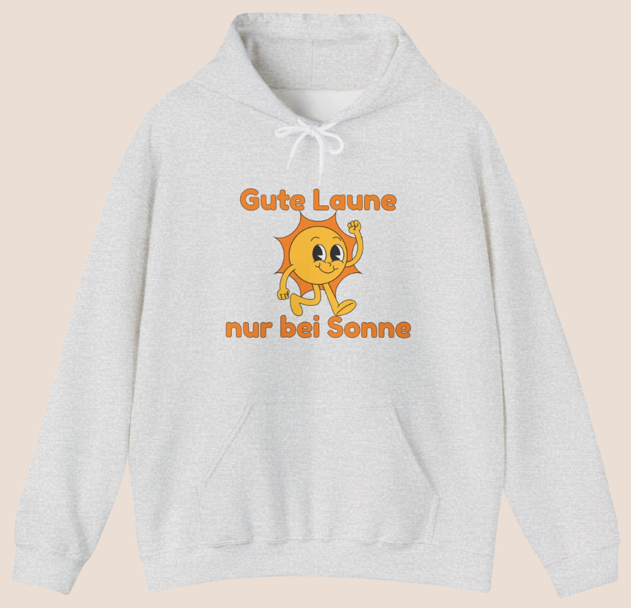 Weißer oder aschgrauer Unisex Hoodie mit dem Spruch „Gute Laune nur bei Sonne“ und fröhlichem Sonnenmotiv für Sommerfans und Sonnenliebhaber.