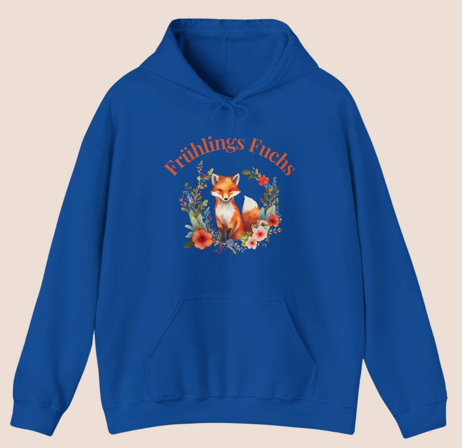 Alt-Text:
Blauer Hoodie mit niedlichem Fuchs-Motiv und floralen Frühlingsblumen sowie dem Schriftzug „Frühlings-Fuchs“.