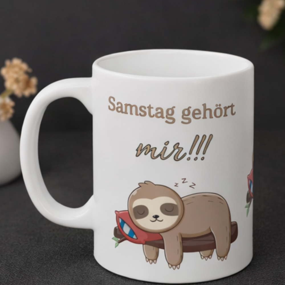 Weiße 300-ml-Keramiktasse mit schlafendem Faultier auf einem Ast und dem Spruch „Samstag gehört mir!!!“ – lustige Tasse für entspannte Wochenenden.