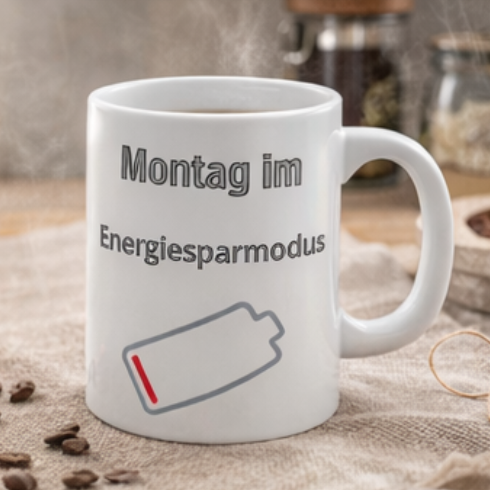 Weiße 300-ml-Keramiktasse mit dem Spruch „Montag im Energiesparmodus“ und einem fast leeren Batteriesymbol – lustige Bürotasse für den Wochenstart.