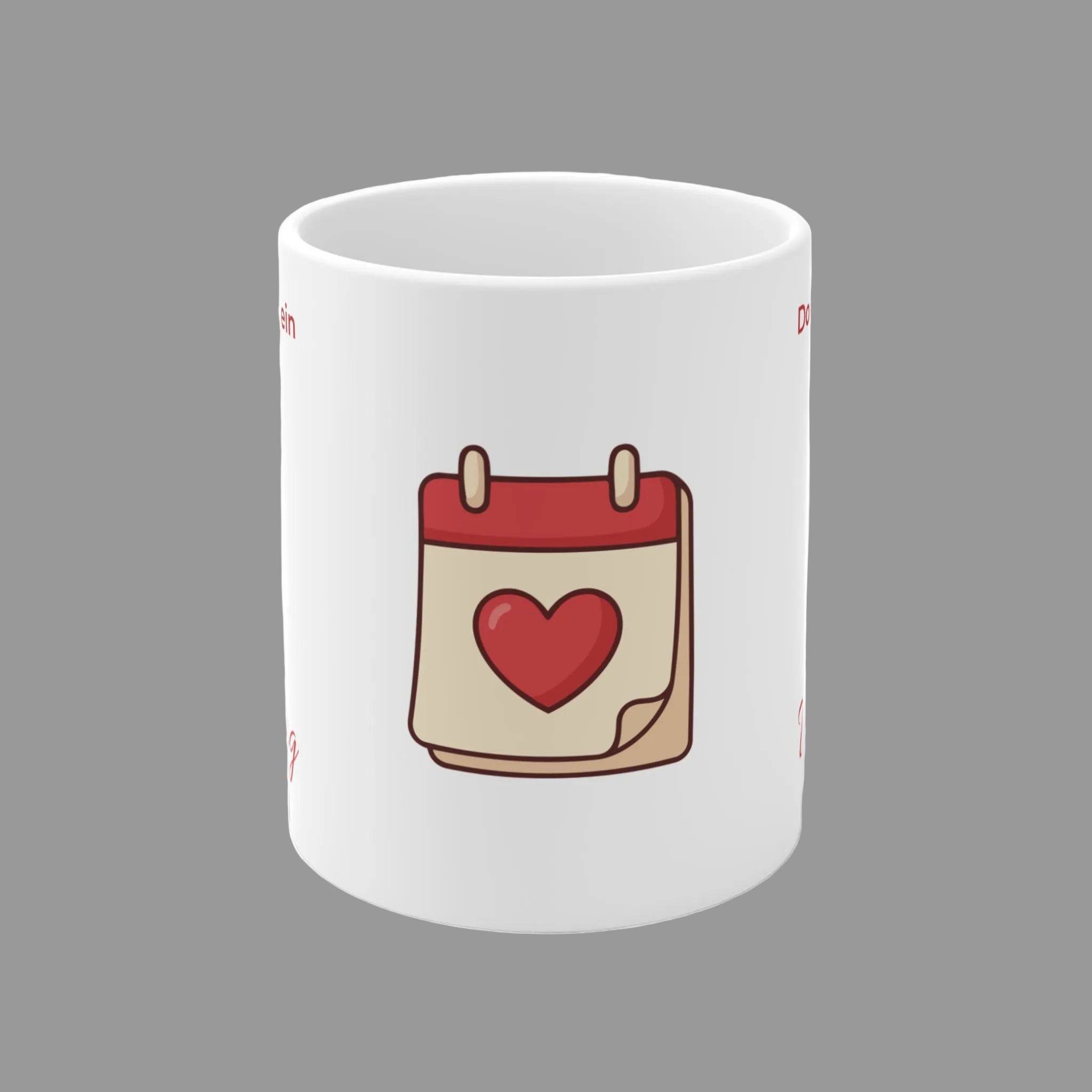 Weiße 300-ml-Keramiktasse mit dem Spruch „Donnerstag ist mein Vorfreitag“ und einem Kalender mit Herz – lustige Bürotasse für alle, die sich aufs Wochenende freuen.
