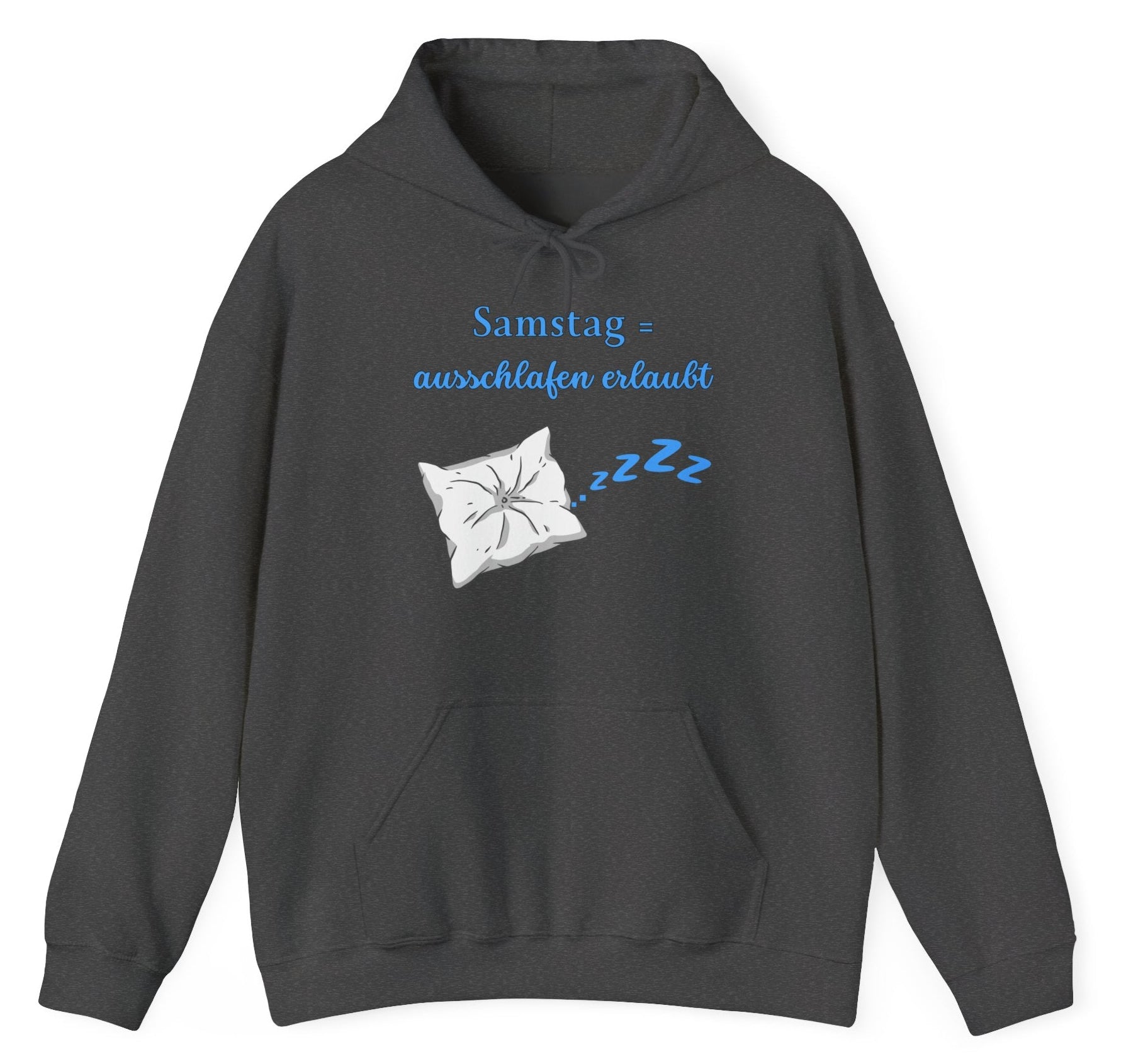 Dunkelgrauer Hoodie mit Kissen-Motiv, Schlafsymbolen und dem Spruch „Samstag = Ausschlafen erlaubt“.