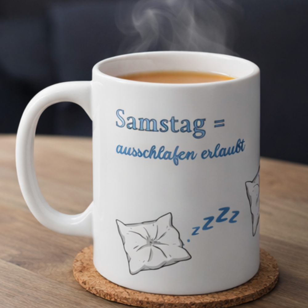 Weiße 300-ml-Keramiktasse mit schlafendem Kissen, blauen "Zzz" und dem Spruch „Samstag = Ausschlafen erlaubt“ – lustige Tasse für Langschläfer und entspannte Wochenenden.