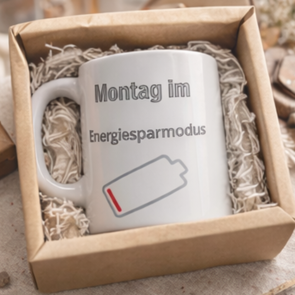 Weiße 300-ml-Keramiktasse mit dem Spruch „Montag im Energiesparmodus“ und einem fast leeren Batteriesymbol – lustige Bürotasse für den Wochenstart.