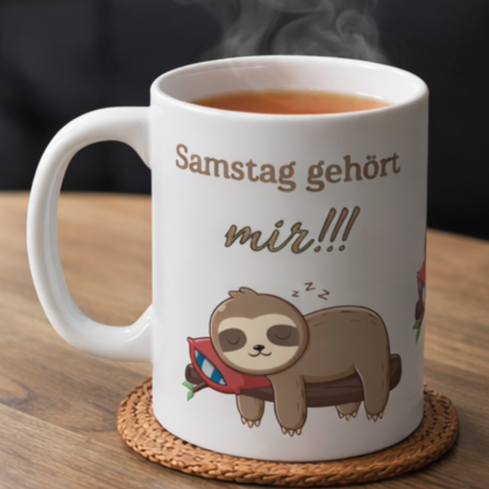 Weiße 300-ml-Keramiktasse mit schlafendem Faultier auf einem Ast und dem Spruch „Samstag gehört mir!!!“ – lustige Tasse für entspannte Wochenenden.