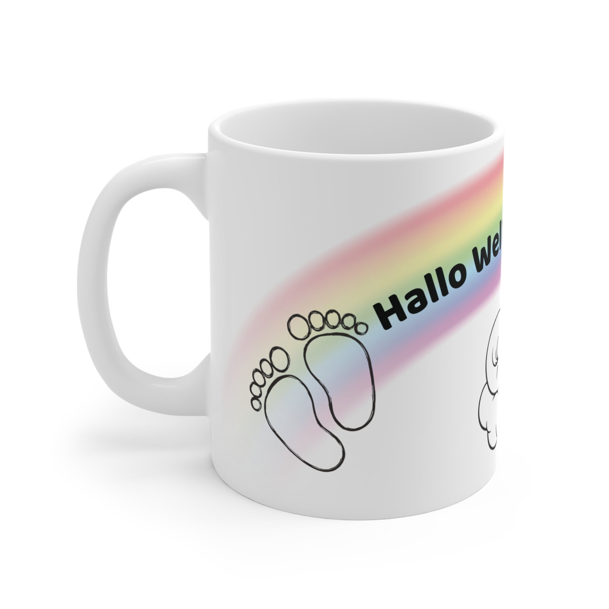 Baby Tasse – Hallo Welt ich bin da | Geschenk zur Geburt | Regenbogen Baby Tasse 330 ml