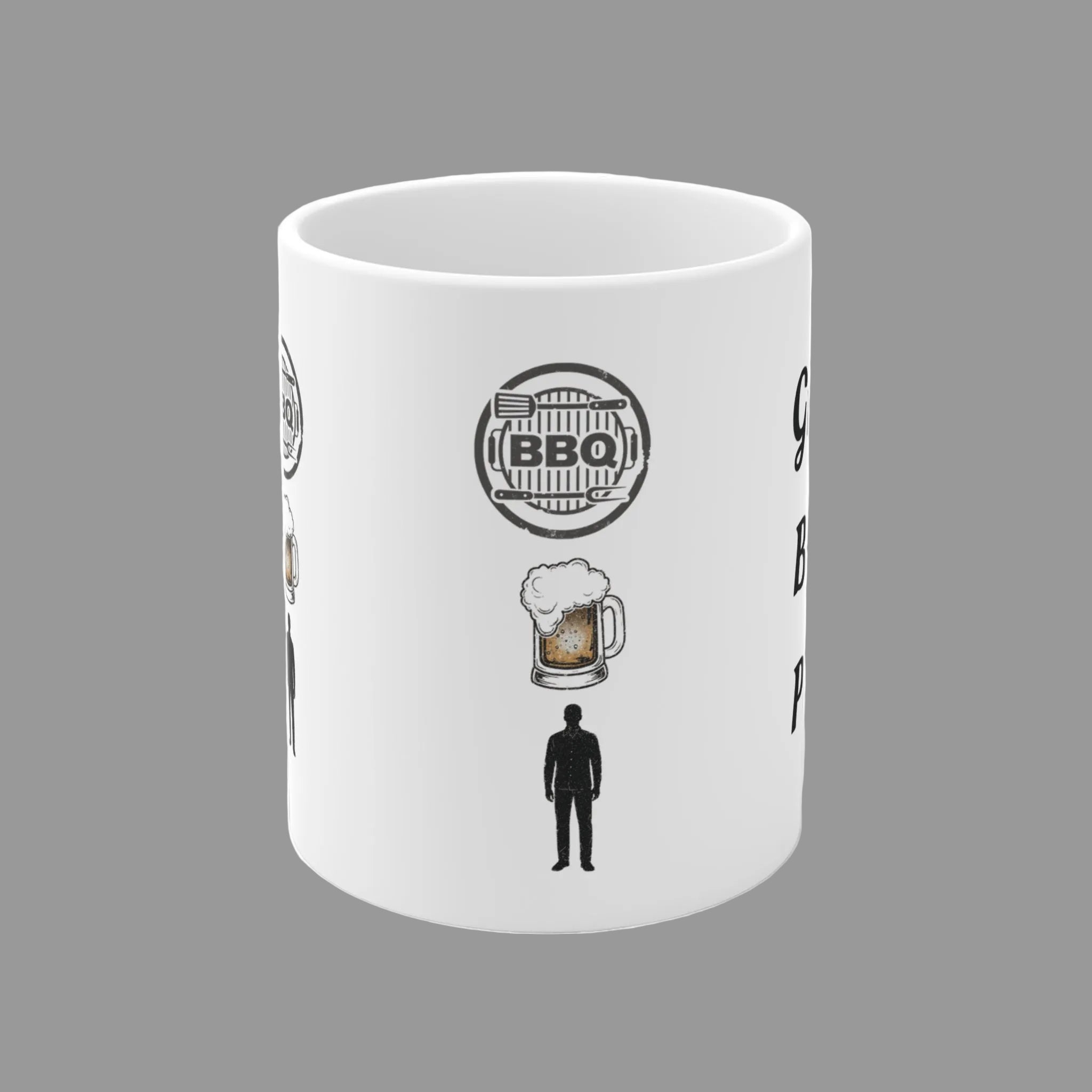 Weiße 300-ml-Keramiktasse mit dem Schriftzug „Grill Bier Papa“, BBQ-Symbol, Bierkrug und Papa-Silhouette – lustige Geschenkidee für Grillfans.