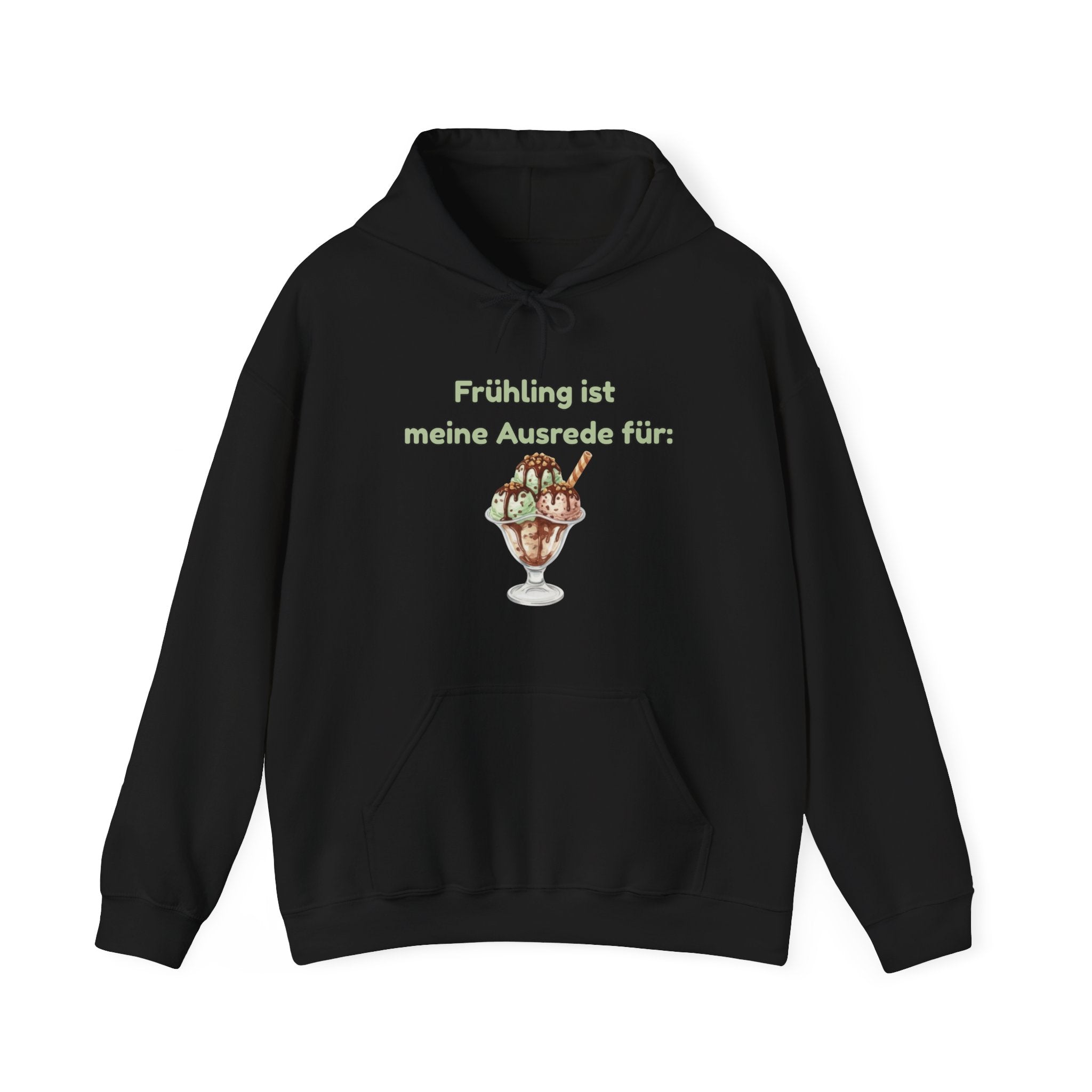 Weißer Unisex-Hoodie mit Spruch „Frühling ist meine Ausrede für Eis“ und großem Eisbecher-Motiv auf der Vorderseite.