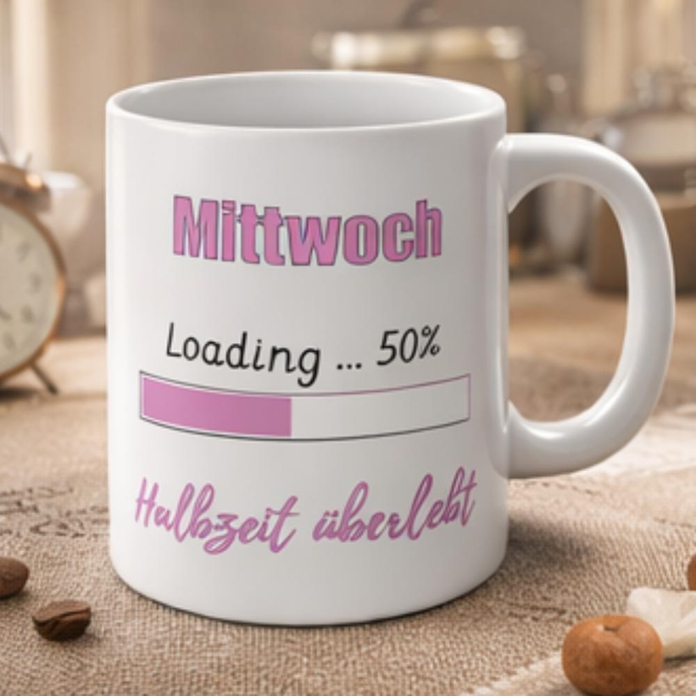 Weiße 300-ml-Keramiktasse mit dem Spruch „Mittwoch – Halbzeit überlebt“ und einem 50-Prozent-Ladebalken – lustige Bürotasse für die Wochenmitte.