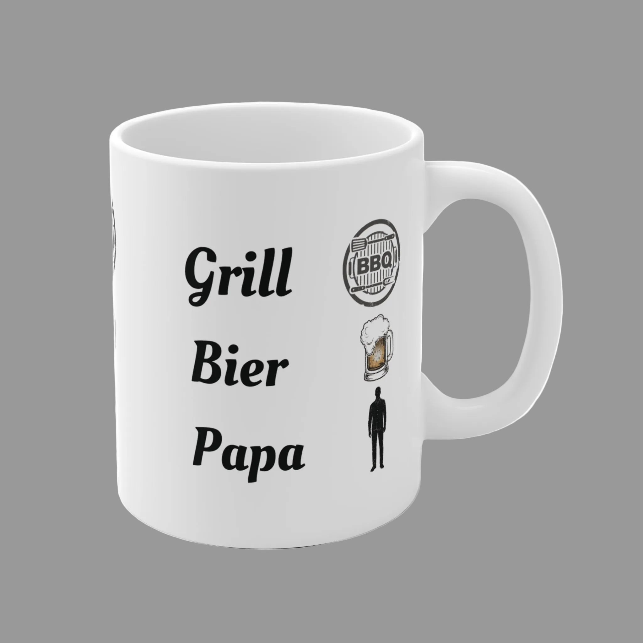 Weiße 300-ml-Keramiktasse mit dem Schriftzug „Grill Bier Papa“, BBQ-Symbol, Bierkrug und Papa-Silhouette – lustige Geschenkidee für Grillfans.