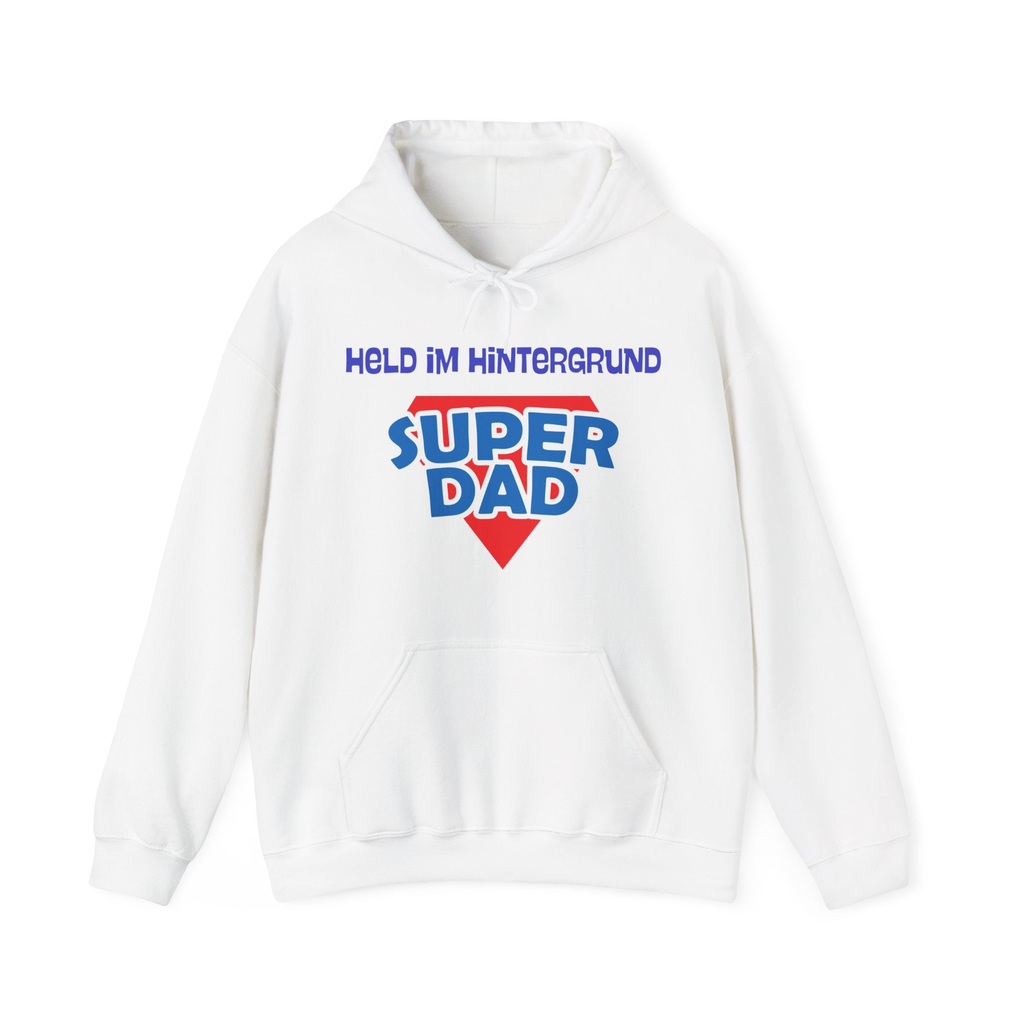 Weißer Unisex Hoodie mit Aufdruck „Held im Hintergrund – Super Dad“ als Geschenkidee für Papa zum Vatertag, Geburtstag oder Weihnachten.