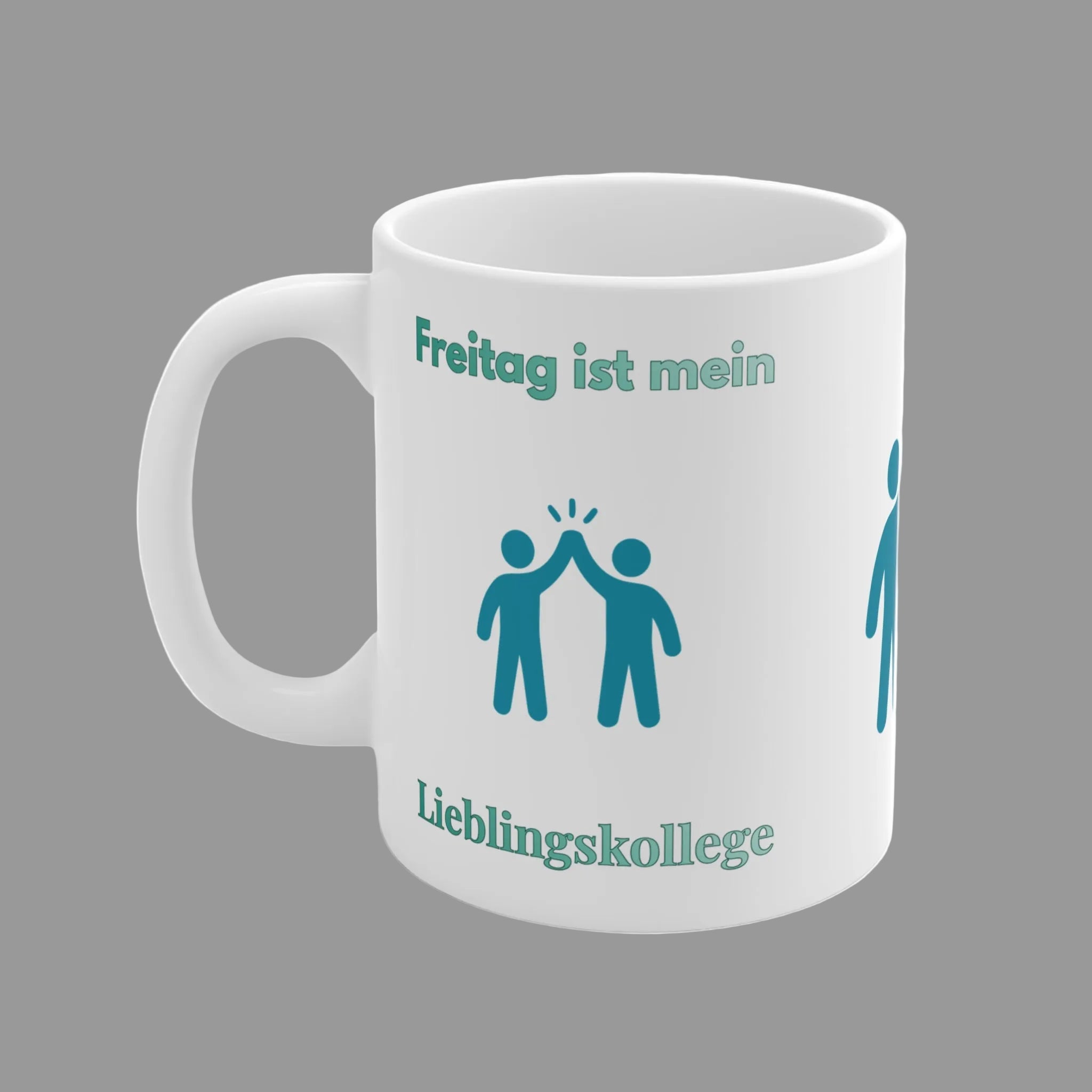 Weiße 300-ml-Keramiktasse mit High-Five-Symbol und dem Spruch „Freitag ist mein Lieblingskollege“ – lustige Bürotasse als Geschenk für Kollegen und Kolleginnen.