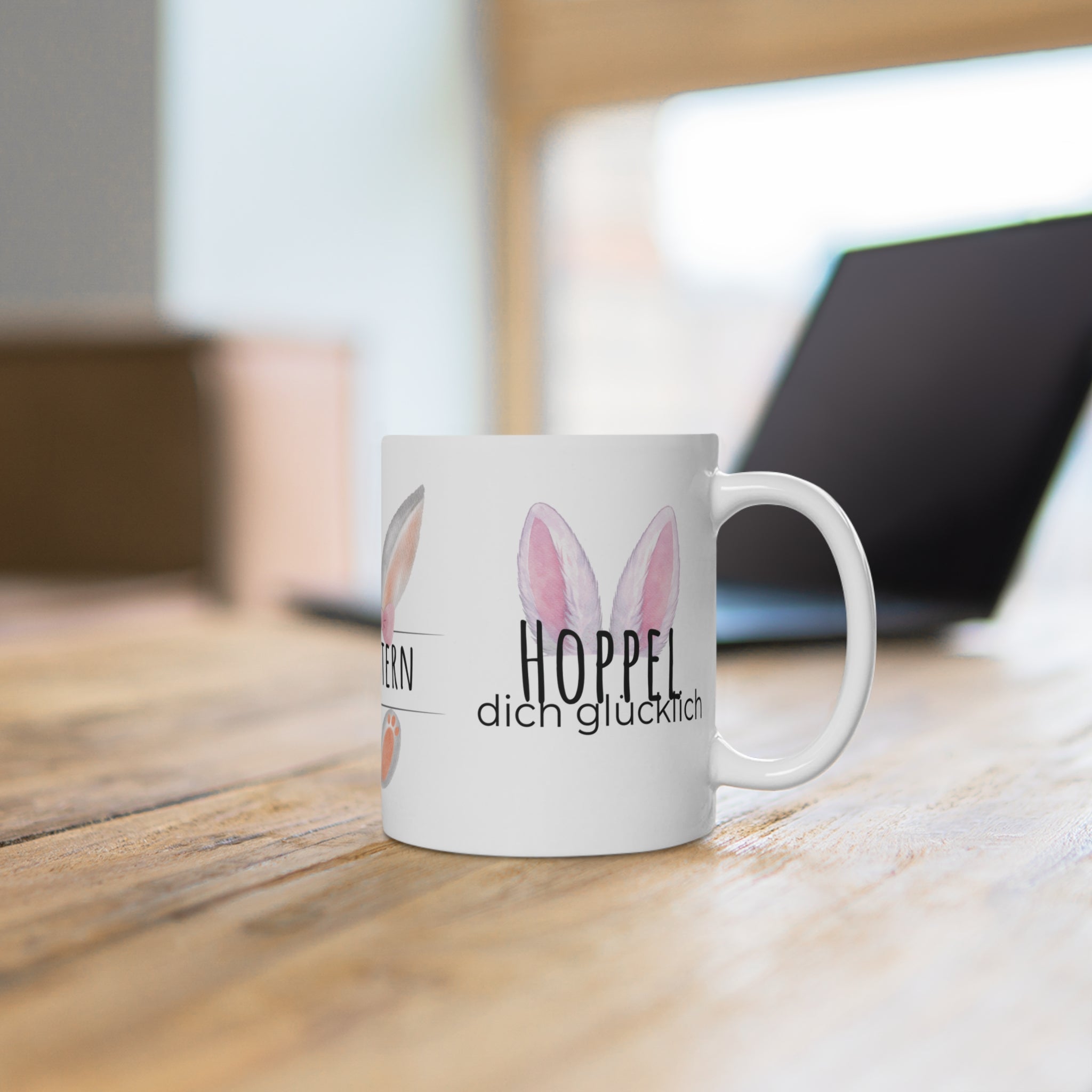 Ostertasse "Hoppel dich glücklich" – Lustige Keramiktasse mit Hasenohren | 300 ml Geschenk zu Ostern