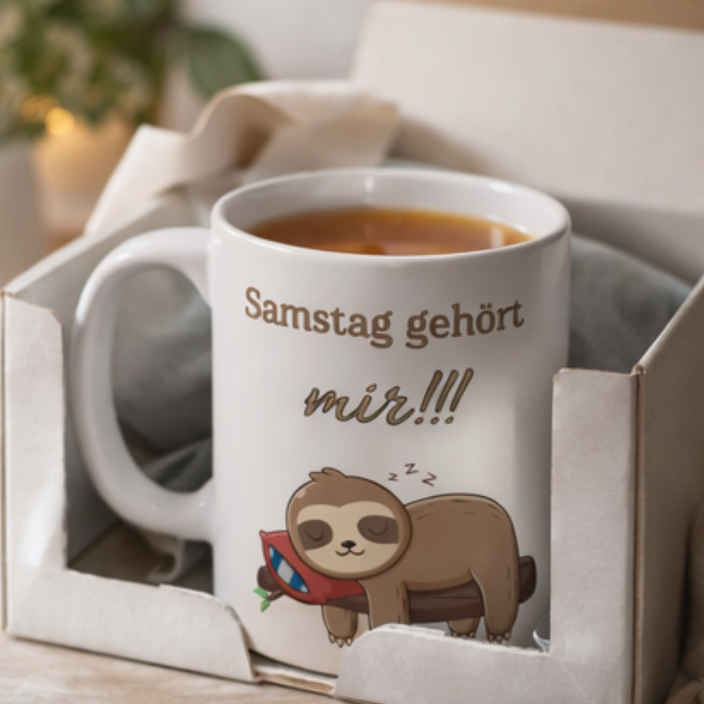 Weiße 300-ml-Keramiktasse mit schlafendem Faultier auf einem Ast und dem Spruch „Samstag gehört mir!!!“ – lustige Tasse für entspannte Wochenenden.