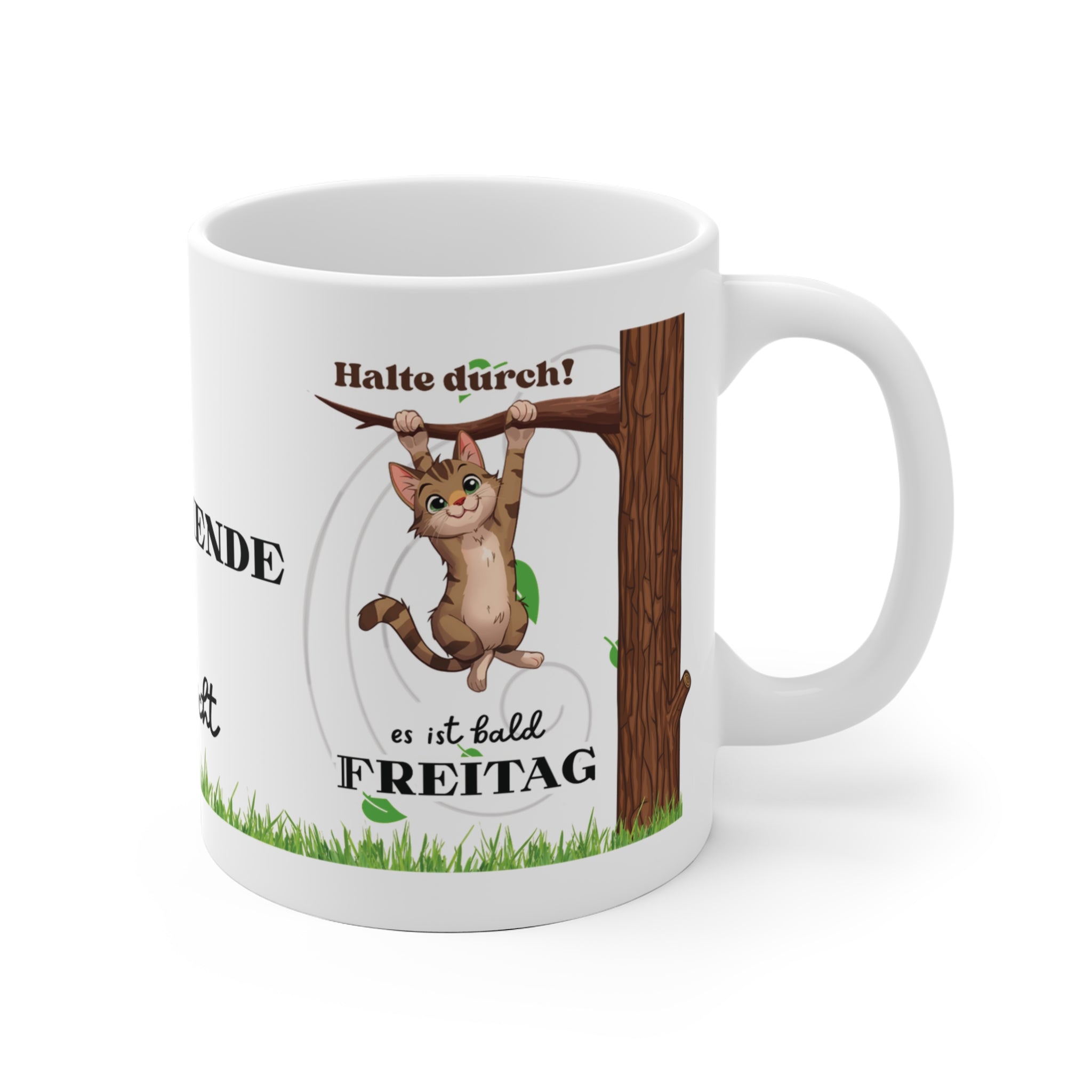 Halte durch, es ist bald Freitag – 330 ml Keramiktasse mit Katze | Lustige Bürotasse | Geschenk für Katzenfans