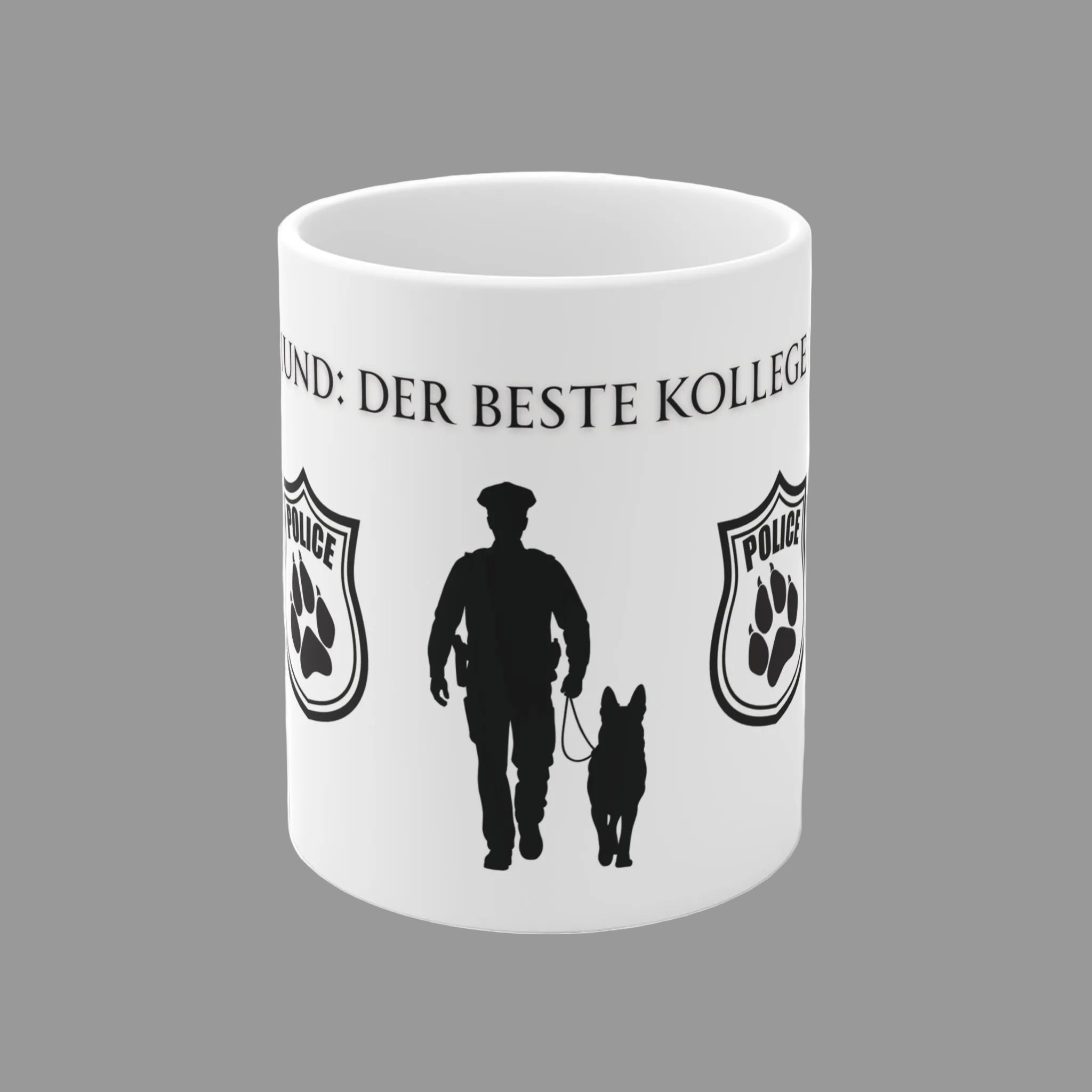 Weiße 330 ml Keramiktasse mit der Aufschrift „Der beste Kollege der Welt“, Polizeihund-Abzeichen sowie Silhouette eines Polizeibeamten mit Diensthund.