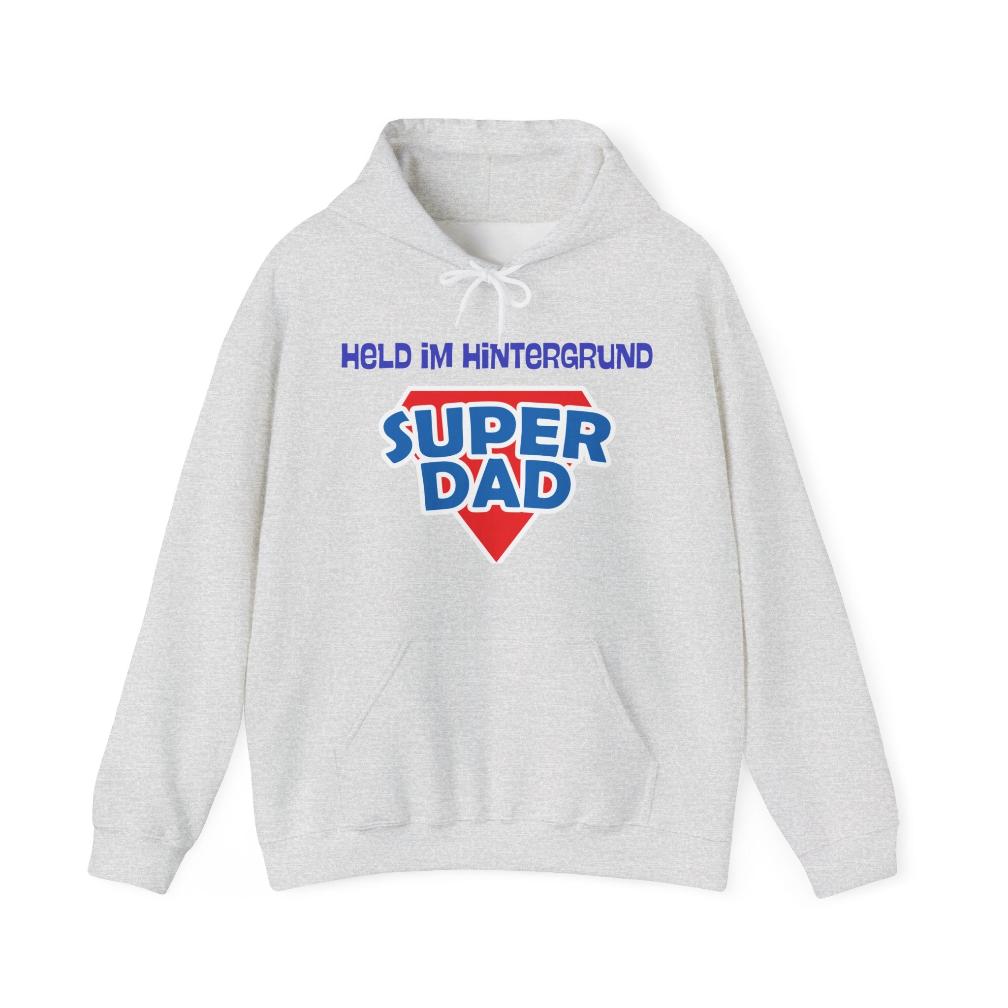 Weißer Unisex Hoodie mit Aufdruck „Held im Hintergrund – Super Dad“ als Geschenkidee für Papa zum Vatertag, Geburtstag oder Weihnachten.