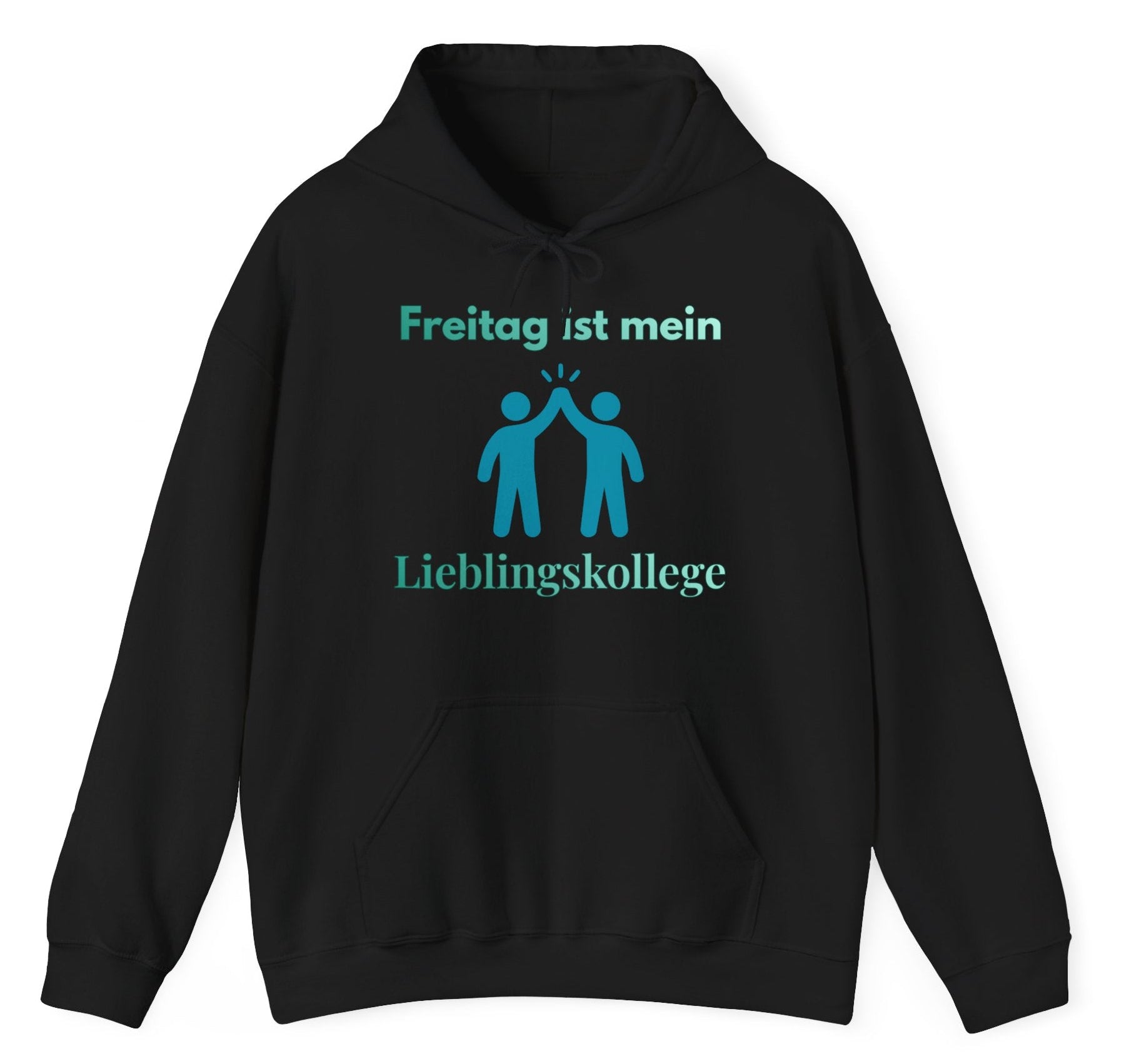 Weißer Hoodie mit dem Spruch „Freitag ist mein Lieblingskollege“ und einer humorvollen Illustration von zwei Personen beim High-Five.