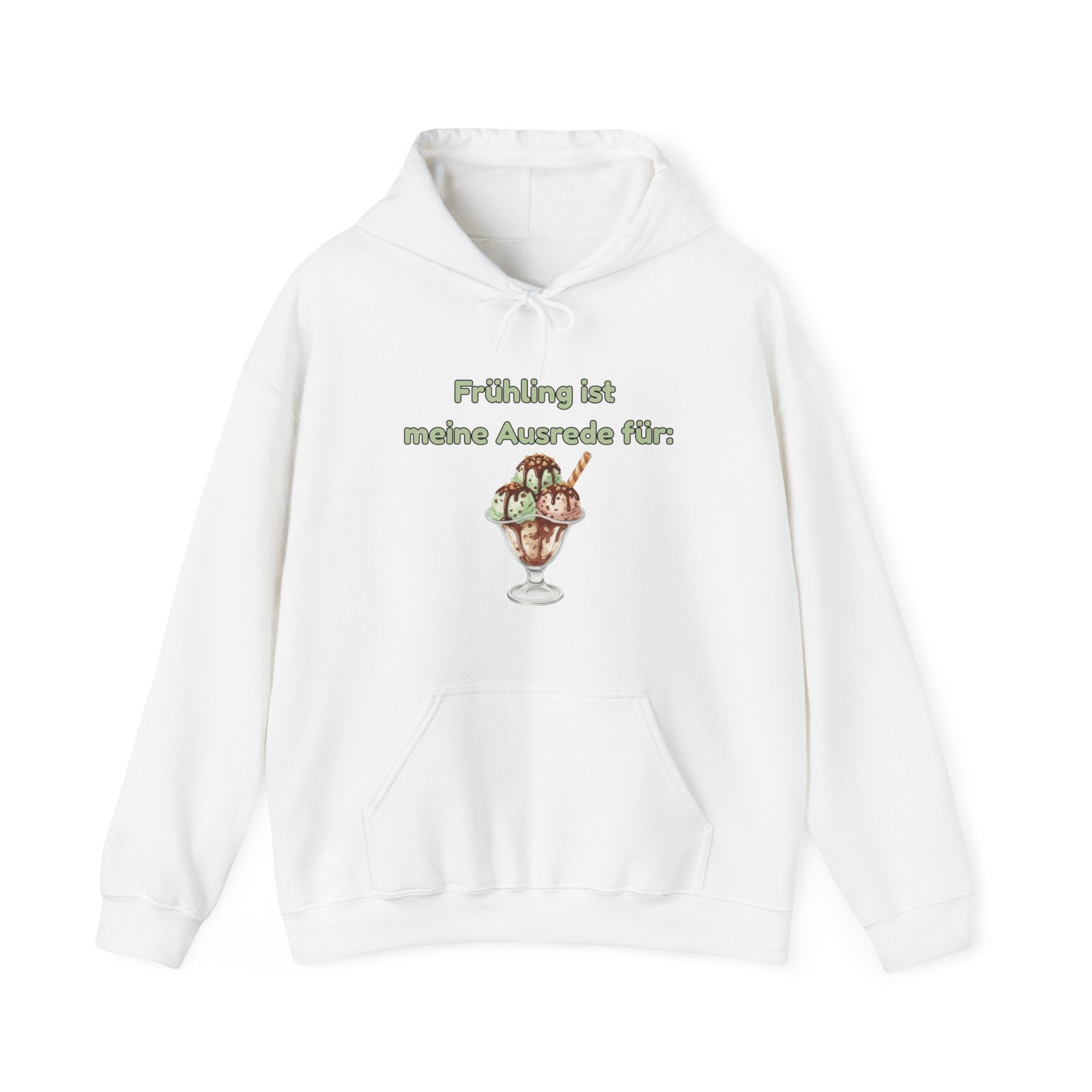Weißer Unisex-Hoodie mit Spruch „Frühling ist meine Ausrede für Eis“ und großem Eisbecher-Motiv auf der Vorderseite.