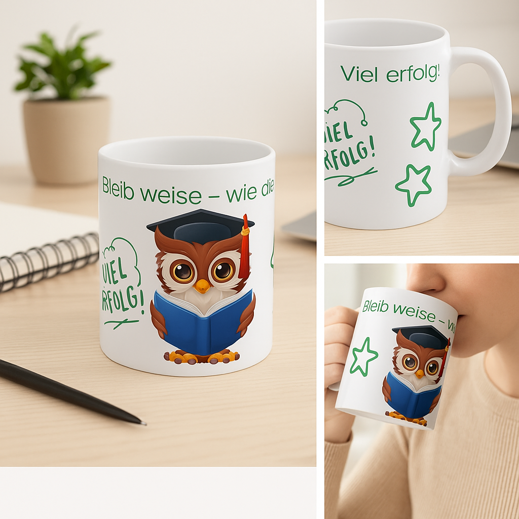 Weiße 330 ml Keramiktasse mit einer niedlichen Eule im Doktorhut, die ein Buch liest, und dem Spruch „Bleib weise – wie die Eule“ – motivierende Geschenktasse für Lehrer, Schüler und Bücherfans.