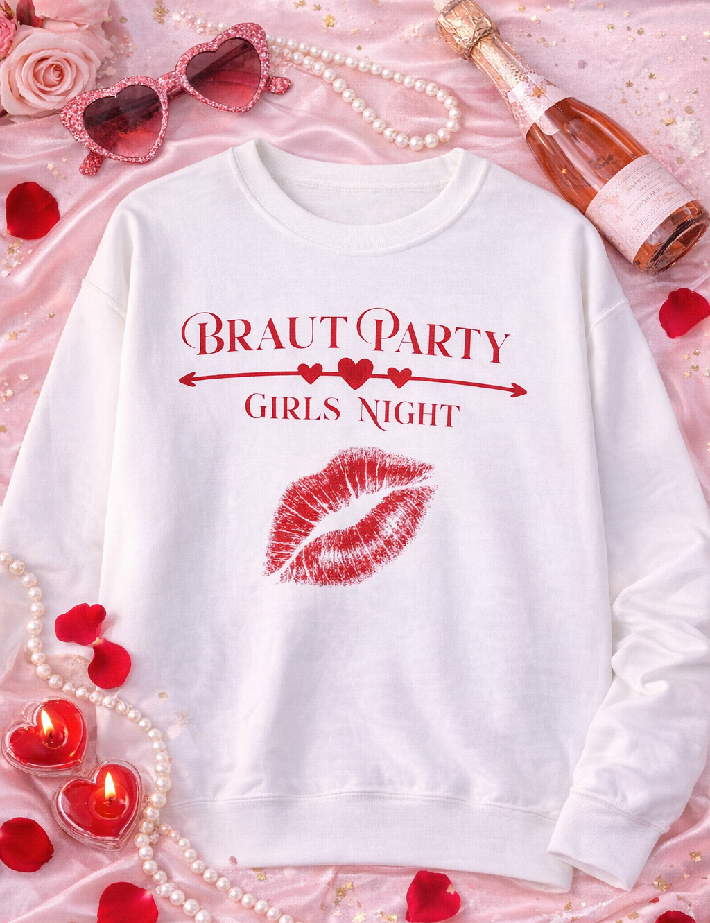 Weißes Unisex Sweatshirt mit dem Schriftzug „Braut Party Girls Night“, Herzpfeil und rotem Lippenstift-Kussmund – ideales Outfit für den Junggesellinnenabschied.