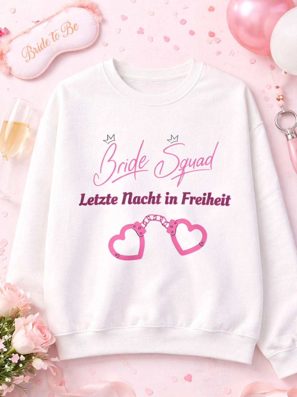Weißes Unisex Sweatshirt mit dem Schriftzug „Bride Squad – Letzte Nacht in Freiheit“ sowie rosa Herz-Handschellen – ideales Outfit für den Junggesellinnenabschied.