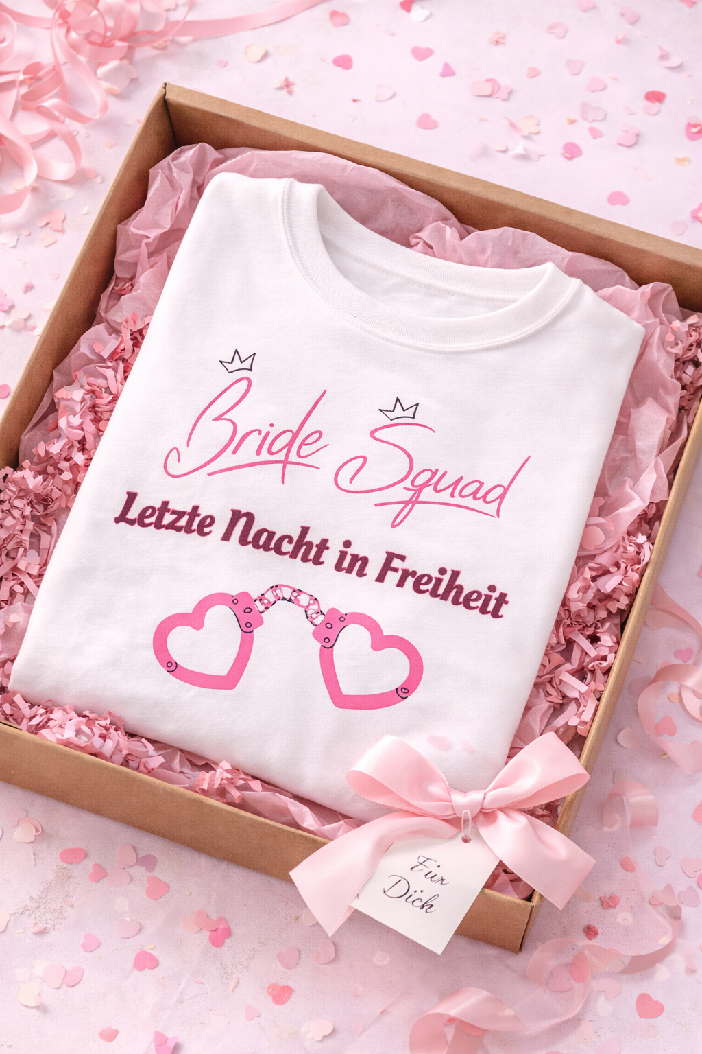 Weißes Unisex Sweatshirt mit dem Schriftzug „Bride Squad – Letzte Nacht in Freiheit“ sowie rosa Herz-Handschellen – ideales Outfit für den Junggesellinnenabschied.