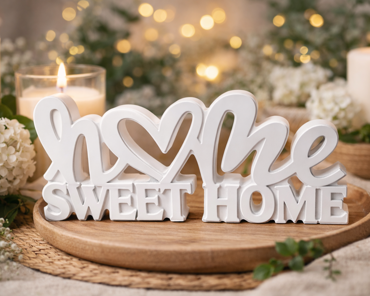 Großer Keramik-Schriftzug „Home Sweet Home“ mit Herzmotiv. Handgefertigte und versiegelte Wohndekoration in Weiß oder Wunschfarbe mit einer Größe von ca. 20 cm Breite und 8 cm Höhe.